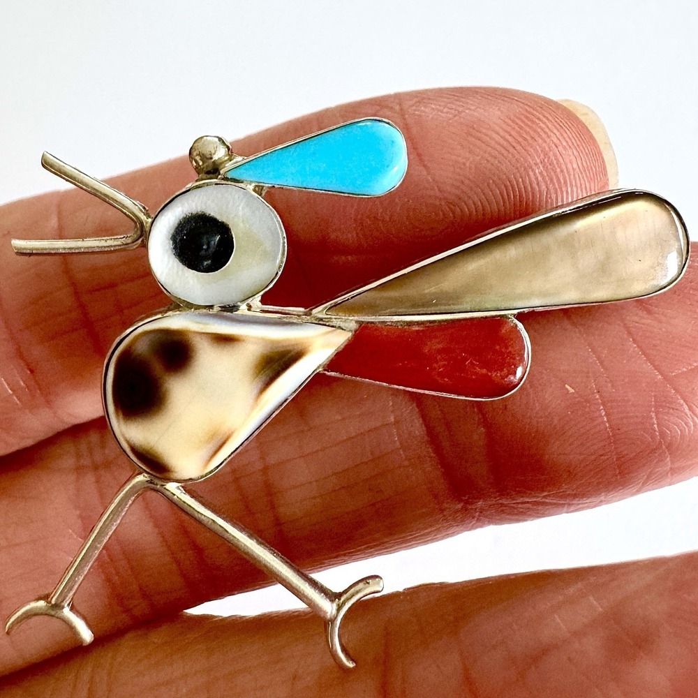 Zuni Roadrunner Pendant Inlay Turquoise Coral‎  Sterling Brooch Pin Native Amer